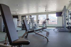 Workout area with ceiling fan