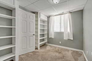 Office with built-in bookshelves, a paneled ceiling and light-colored carpet