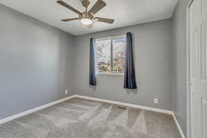 Bedroom featuring carpet, ceiling fan, and a textured ceiling