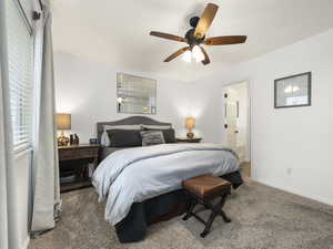 Bedroom featuring carpet flooring, ensuite bath, multiple windows, and ceiling fan