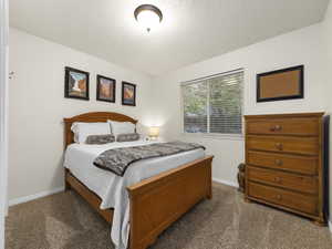 Carpeted bedroom with a textured ceiling