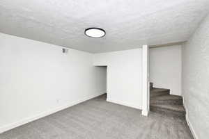 Basement featuring carpet flooring and a textured ceiling