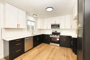 Kitchen with white cabinetry, light wood-type flooring, sink, and appliances with stainless steel finishes