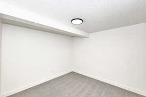 Basement with carpet and a textured ceiling