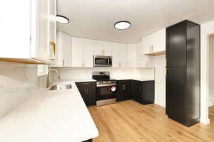 Kitchen featuring white cabinets, sink, light wood-type flooring, tasteful backsplash, and stainless steel appliances