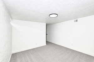 Empty room with carpet flooring and a textured ceiling