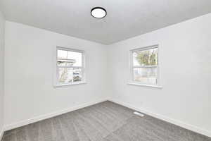 Unfurnished room with carpet and a textured ceiling