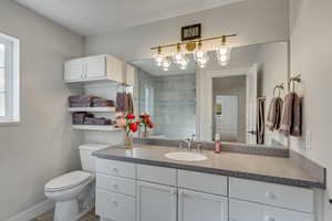 Primary Bathroom featuring a tile shower, vanity, and toilet