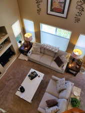 Carpeted living room featuring a towering ceiling