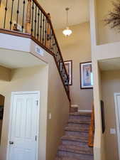 Staircase featuring a towering ceiling