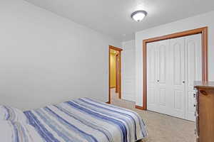 Carpeted bedroom with a closet and a textured ceiling