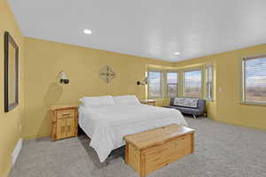 Carpeted bedroom with a textured ceiling and multiple windows