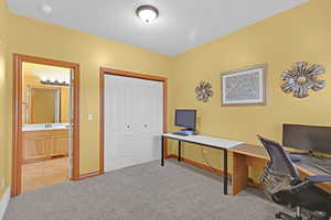 Office space with sink, light colored carpet, and a textured ceiling