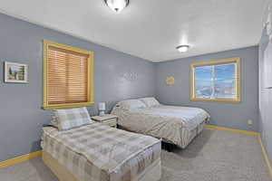 Carpeted bedroom with a textured ceiling