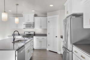 Kitchen with appliances with stainless steel finishes, pendant lighting, sink, white cabinets, and dark wood-type flooring