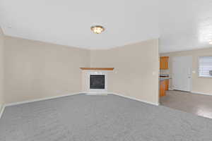 Unfurnished living room with light carpet