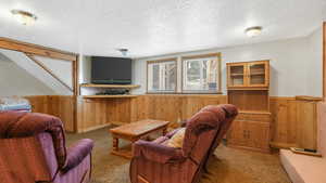 Living room with carpet, wood walls, and a textured ceiling