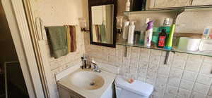 Bathroom with tasteful backsplash and vanity