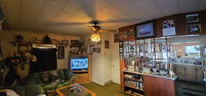 Living room with carpet and ceiling fan