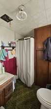 Bathroom featuring a paneled ceiling, a shower with curtain, toilet, and vanity