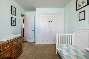 Carpeted bedroom with a closet