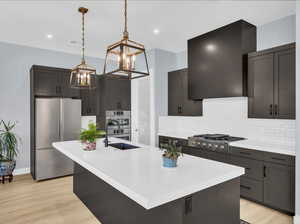 Kitchen with an island with sink, stainless steel appliances, light hardwood / wood-style floors, and sink