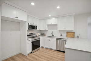 Kitchen with sink, stainless steel appliances, backsplash, white cabinets, and light wood-type flooring