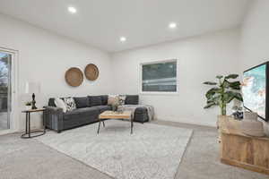 Living room with light carpet