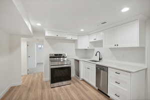 Kitchen featuring sink, stainless steel appliances, backsplash, white cabinets, and light wood-type flooring