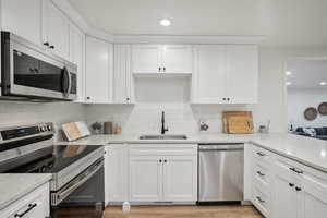 Kitchen with white cabinetry, sink, and stainless steel appliances