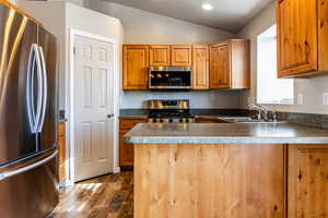 Kitchen featuring sink, dark hardwood / wood-style floors, kitchen peninsula, lofted ceiling, and appliances with stainless steel finishes