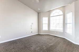 Carpeted spare room featuring a textured ceiling, ceiling fan, plenty of natural light, and lofted ceiling