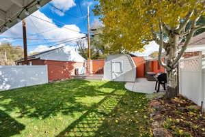 View of yard with a patio and a storage shed