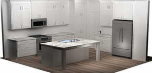 Kitchen with sink, appliances with stainless steel finishes, a kitchen island with sink, white cabinetry, and a kitchen bar