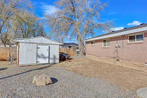 Exterior space with a shed