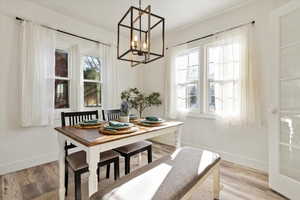 The kitchen and dining area are spacious and charming, ideal for holiday gatherings