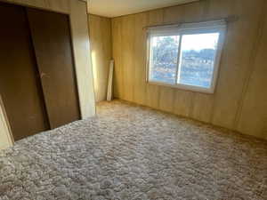 Unfurnished bedroom with wood walls and carpet floors