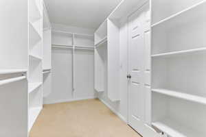 Spacious closet featuring light colored carpet