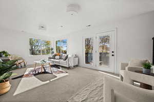 Carpeted living room with a textured ceiling