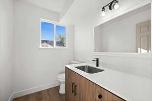 Bathroom featuring vanity, toilet, and wood-type flooring