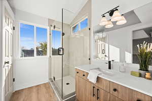 Bathroom with vanity, a healthy amount of sunlight, a shower with shower door, and wood-type flooring