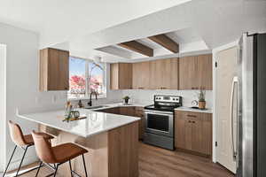 Kitchen featuring sink, appliances with stainless steel finishes, dark hardwood / wood-style flooring, kitchen peninsula, and a breakfast bar area