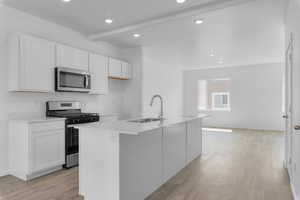 Kitchen with white cabinetry, sink, a center island with sink, and appliances with stainless steel finishes