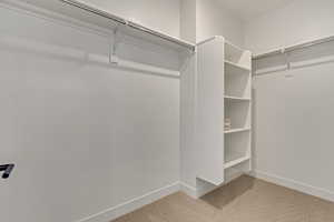 Walk in closet featuring light carpet