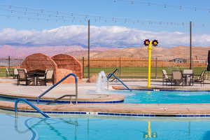 View of swimming pool featuring a mountain view