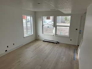 Empty room featuring a wealth of natural light, light hardwood / wood-style floors, and a textured ceiling