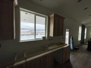 Kitchen with a mountain view