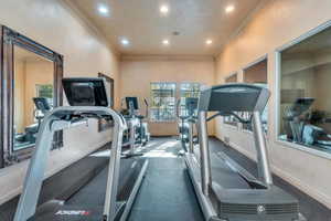 Exercise room featuring ornamental molding