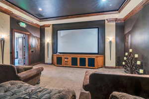 Carpeted cinema with a tray ceiling and ornamental molding