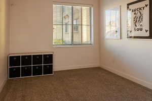 Interior space with dark colored carpet and a wealth of natural light